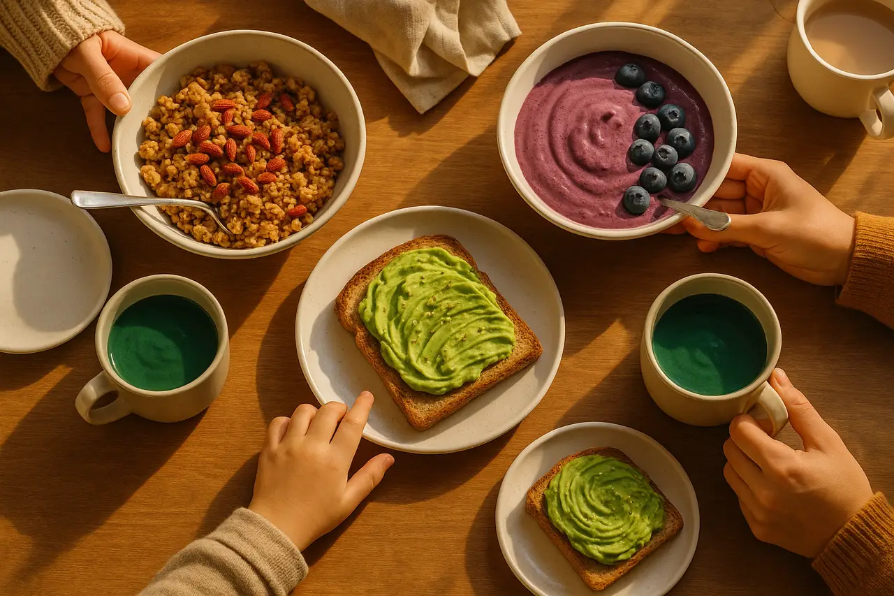 שולחן ארוחת בוקר משפחתית עם מגוון סופר פוד: גרנולה, יוגורט ושייקים