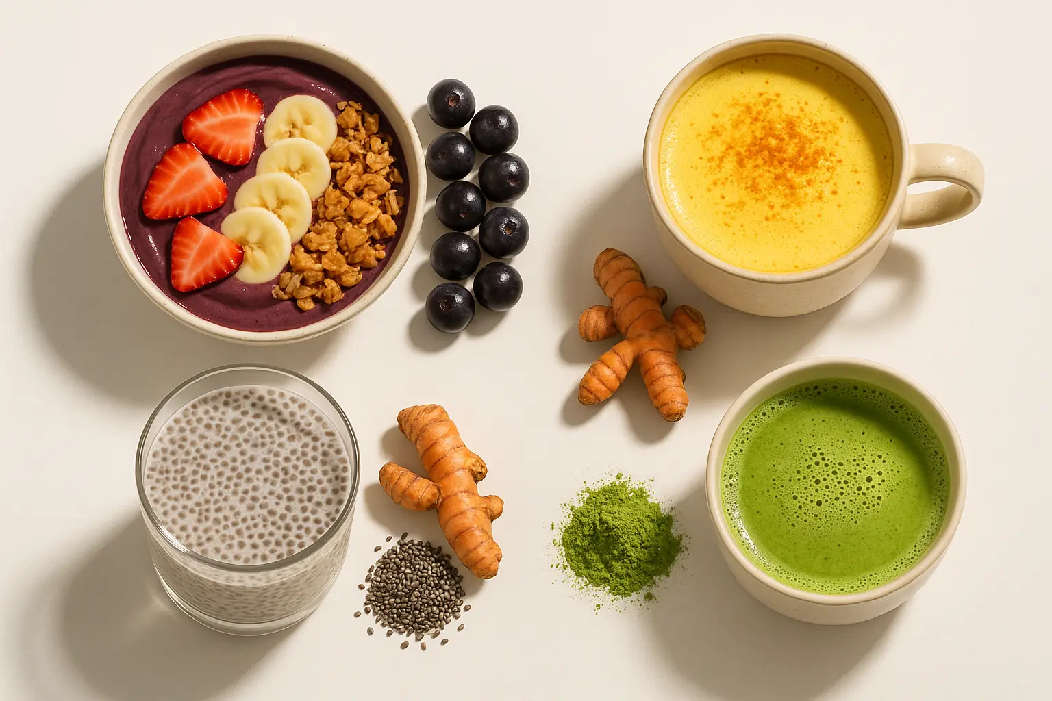 סופר פוד במצב גולמי לצד מוצרים מוכנים: אסאי, כורכום, צ'יה ומאצ'ה