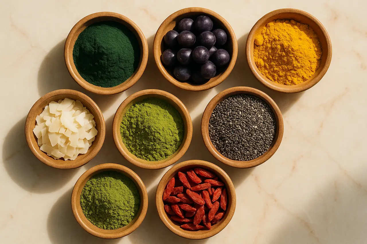 סוגי סופר פוד מגוונים בקעריות עץ: ספירולינה, אסאי, כורכום, צ'יה, מאצ'ה וגוג'י