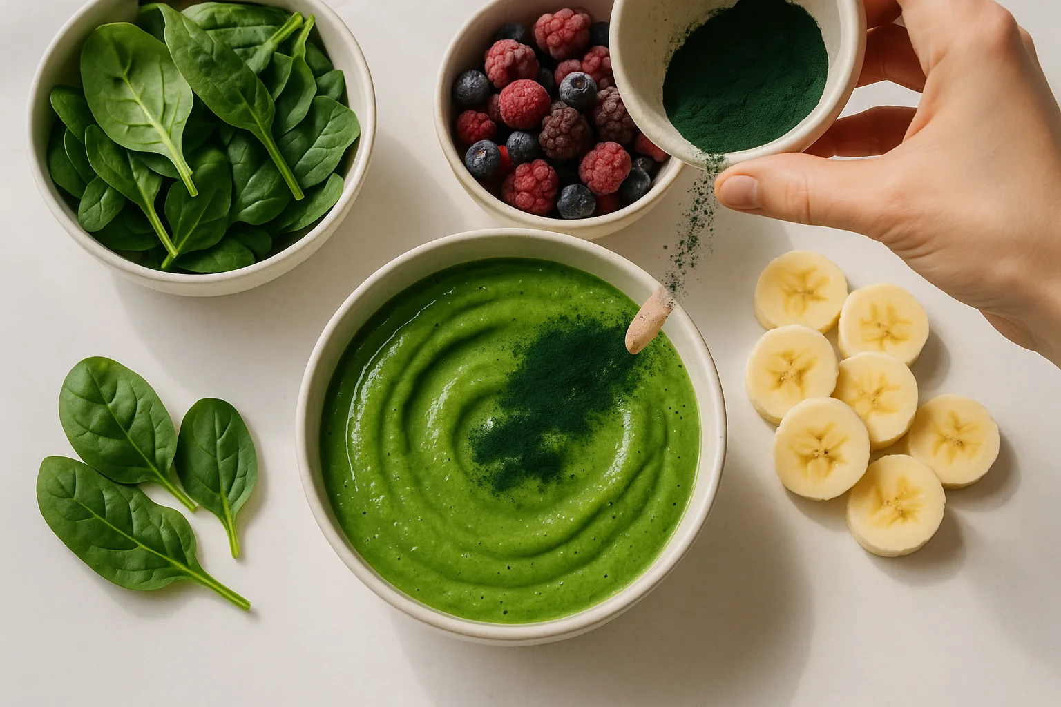 הכנת שייק סופר פוד ירוק עם ספירולינה, תרד ופירות יער